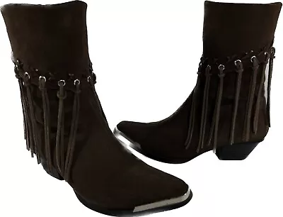 Oak Tree Fringe Boots Women's 6 Chocolate Brown Suede Leather Fall Western Boho • $27.99