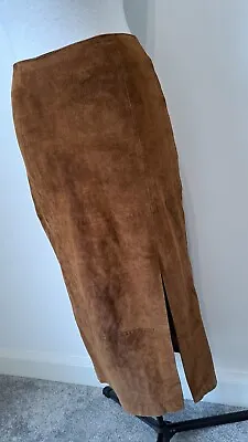 Brown 100% Suede (Sheepskin Leather) Midi Skirt W/ Front Leg Slit - Size 10/12 • £24.99