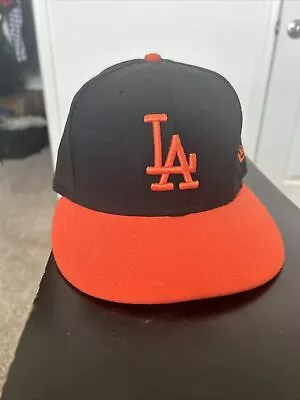 New Era Los Angeles Dodgers LA  Orange Visor 59FIFTY Fitted Black Hat Size 7 Cap • $19.97