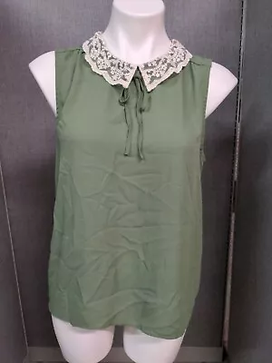 Lauren Conrad Tank Top Womens Medium Olive Green Lace Collar Sleeveless • £11.67