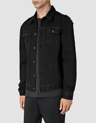 Men's ALLSAINTS Snipe Black Distressed Washed Denim Jacket - S • £76.25