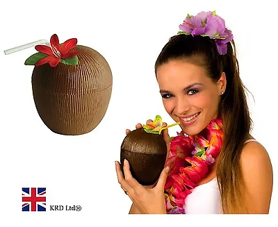 Coconut Cup With Reusable Flower Straw Hawaiian Party Decoration Hen Beach Pool  • £6.77