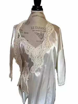 Vintage Victoria's Secret Ivory Satin Chemise & Robe Set With Embellished Garter • $105