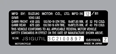 $39.49 • Buy Suzuki Gs1100gl  Headtube Tag  / Repro Decal