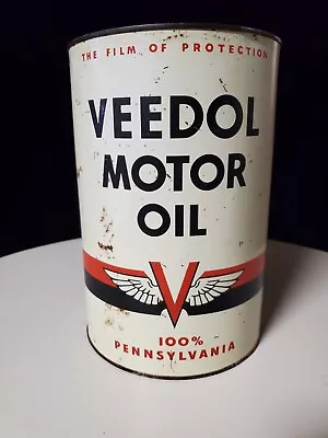Vintage Veedol Motor Oil 5 Quart Advertising Tin 1950s Oil Can With Both Lids. • $12.50