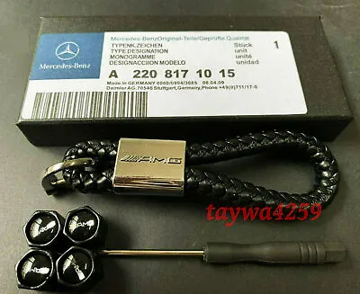 $19.99 • Buy Mercedes Benz AMG Luxury Leather Keyring Fob With Tyre Valve Dust Caps Gift Box