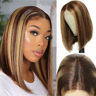 Brown Blonde Ombre Wig HD Front Lace Human Hair Blend Highlights  Short Bob • $59.99