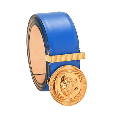Versace Blue 100% Leather Metal Medusa Head Logo Decorated Belt US 36 IT 90 • $299.99