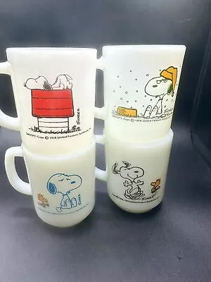 Peanuts Snoopy Set Of 4 Milk Glass Fire King Mugs Vintage • $200