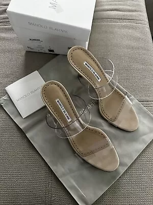 MANOLO BLAHNIK Scolto Clear Two-Band Slide Sandals • $350