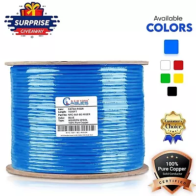 CAT6A Riser 1000ft Ethernet Cable Solid Bare Copper CMR 750Mhz UTP Bulk Blue • $208.66