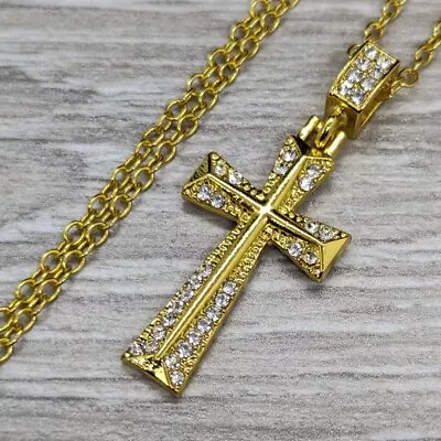 Mens Womens Gold Jesus Cross Necklace - Hip Hop Crystal Religious Jewellery Gift • £3.99