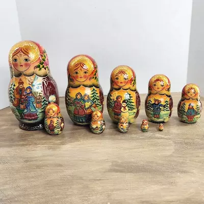 Vintage Russian Matryoshka 8  Nesting Dolls Winter 10 Piece Signed Hand Painted • $399.99