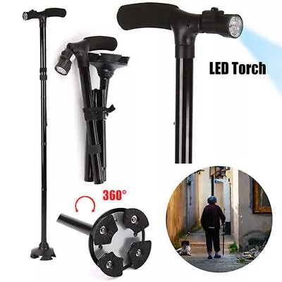 Foldable Walking Stick With Led Light Disability Heavy Duty Anti-Slip Cane Torch • £10.95