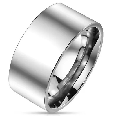 Mens 10mm Wide STAINLESS STEEL Mirror Polished Flat Ring Band UK SELLER • £4.99