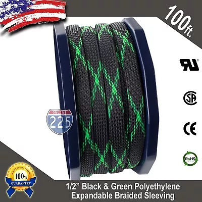 100 FT 1/2  Black Green Expandable Wire Sleeving Sheathing Braided Loom Tubing  • $22