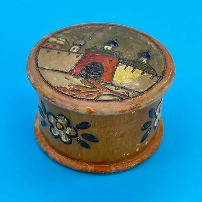 Vintage Round Wooden Folk Art Trinket Box Painted Village Flowers Made In Russia • $34