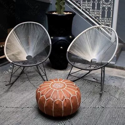 Vintage Round Natural Wonderful Leather Footstool Ottoman Brown Handmade • $117.63