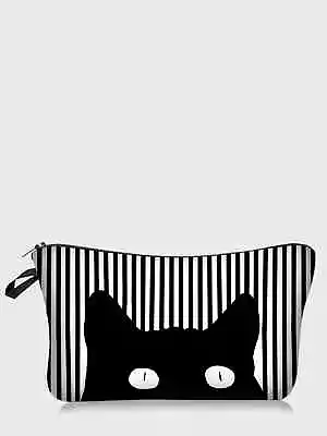 Black And White Cat Striped Makeup Bag Cosmetic Organizer Toiletries Bag Makeup • $6.32