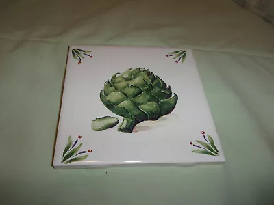 Vintage Tile White Background Center Artichoke Corners Floral 4.25 Square . • $10