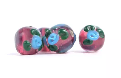 New 4 Piece Set Of Fine Murano Lampwork Glass Beads- 10mm Raised Flowers- A7170c • $0.99