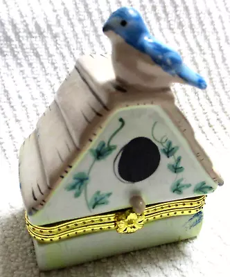 Porcelain Hinged Mini Trinket Box Little Bluebird On Bird House • $4.95