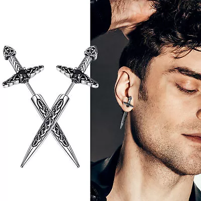 Punk Viking Celtic Knot Sword Dagger Stud Earrings Stainless Steel Goth Jewelry • $13.89