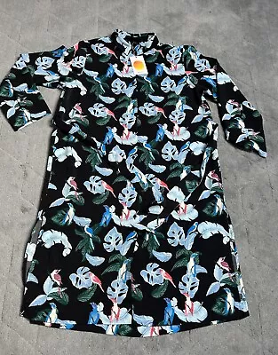 BNWT Monki XL Black Shirt Dress With Leaf And Bird Print Long Sleeve Belted • $30.32