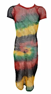 Rasta Multicolour Tie & Dye  Side Slit Ladies String Mesh Fishnet Midi Dress • £14.07