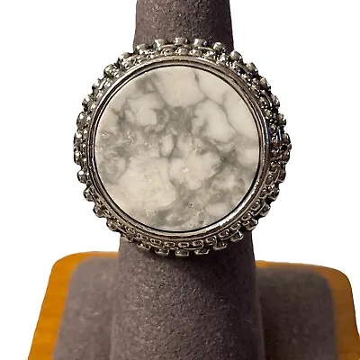 Vintage Faux Howlite Silver Tone Marbled Ring Size 5.75 Chunky Statement Round • $19.95