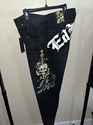 Ed Hardy Men’s Jeans Denim Black Embroidered Skull Snake Panther 38 X 32 🐍 💀 • $43.99