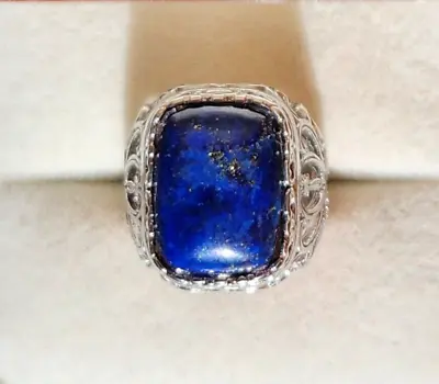 Natural Lapis Lazuli Large Cushion Solitaire Silver Ring 21.50 Ctw Size 7 • $9.95