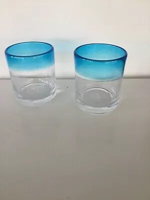 Mexican Turquoise ￼BLUE RIM Old Fashioned Drinking Glasses HAND BLOWN Set Of 2 • $9.99