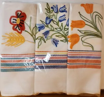 Package Of 3 Vintage Dish/Hand Towels Multi Striped Embroirdered Floral • $19.30