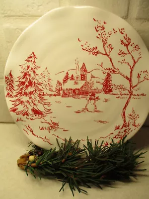 Vtg Holiday Christmas Toile Maxcera Plate Ruffle Village/Snowman  10 1/2” Red • $10