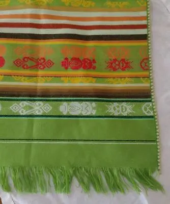 Vintage Bright Green Woven Tablecloth Blanket Mexican Southwest Fringe 62  • $44.99