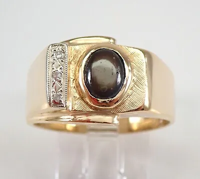 Vintage Estate 14K Yellow Gold Black Star Sapphire And Diamond Ring Size 9 • $699