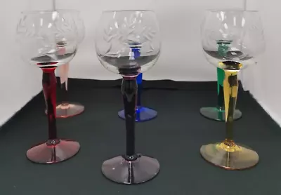 6 X Vintage Etched Wine Or Hock Glasses With Coloured Tall Stems • £18