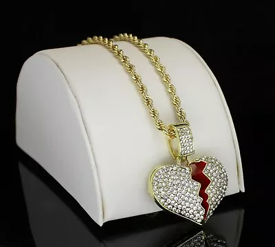 Icy Broken Heart CZ Pendant 14k Gold Plated 24  Rope Hip Hop Men Women Necklace • $9.99