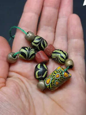 11 Antique Venetian Glass Feather Millefiori Greenheart Trade African Metal Bead • £17