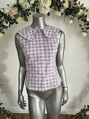 £9.99 • Buy Influence Top Size 8 White Lilac Gingham Check Collar Sleeveless Blouse Too LR10