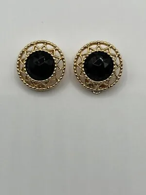 Sarah Coventry Clip On Earrings Black Glass Gold Tone • $12.75