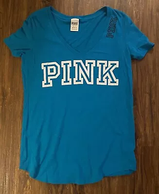 Pink By Victoria’s Secret Size Small V-Neck Logo T Shirt Teal Blue • $16.99