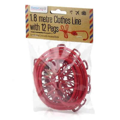 Portable Clothes Line Laundry Travel Rope With 12 Pegs 1.8M Durable Red Stretchy • £7