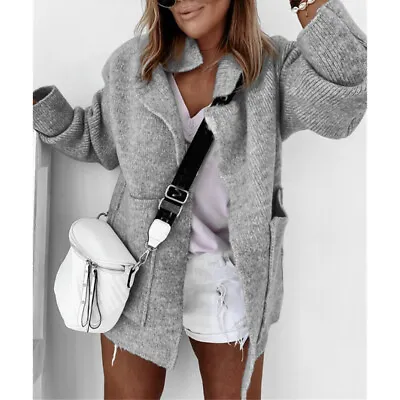 $42.99 • Buy Women Knitted Cardigan Chunky Open Front Sweater Jumper Lapel Long Coat Overcoat