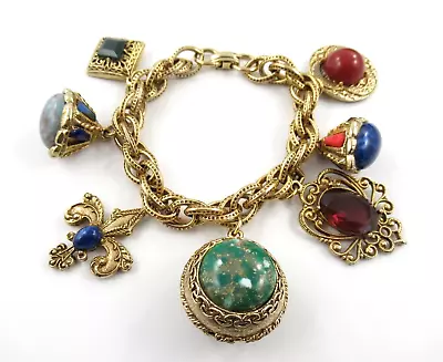 Chunky Vintage Bracelet With 7 Large Watch Fob Style Gold Tone Charms  7-1/2  • $49