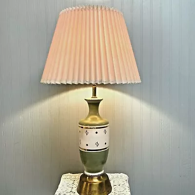 Vintage Mid Century Avocado Green Porcelain & Brass Table Lamp Gold Accent • $75