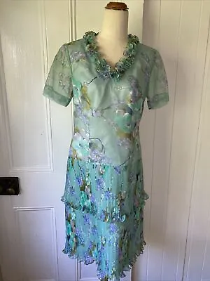 Vintage 1950s Fifth Avenue Frock Size 10 Small Mint Green Floral Pleated Dress • $49