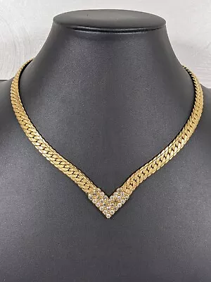 Vintage Goldtone 9mm Wide Herringbone V Shape Rhinestone Choker Collar Necklace • $10.49