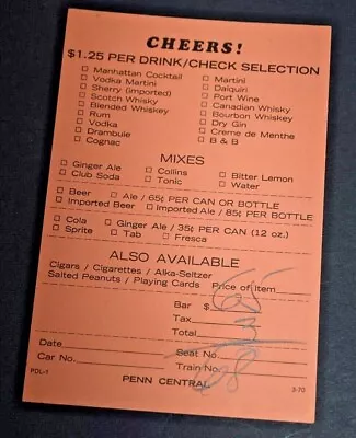 $4.95 • Buy Original 1970 Penn Central Railroad Dining Car Drink Order Checklist